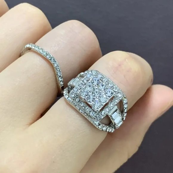 2pcs Elegant Stacking Rings Inlaid Shining Zircon Engagement Wedding Jewelry - Picture 3 of 5